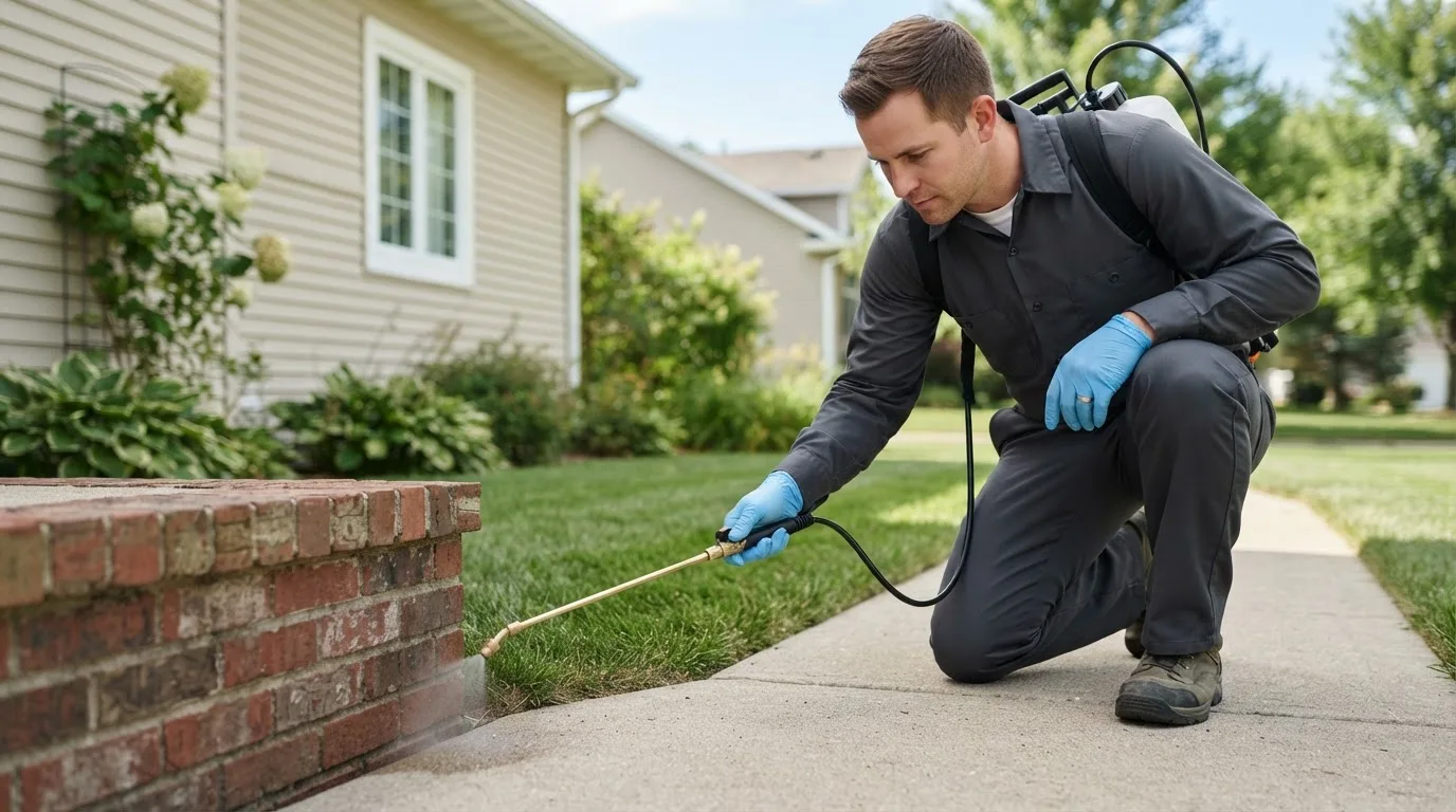 Pest control technician treating a home near Center Moriches, NY