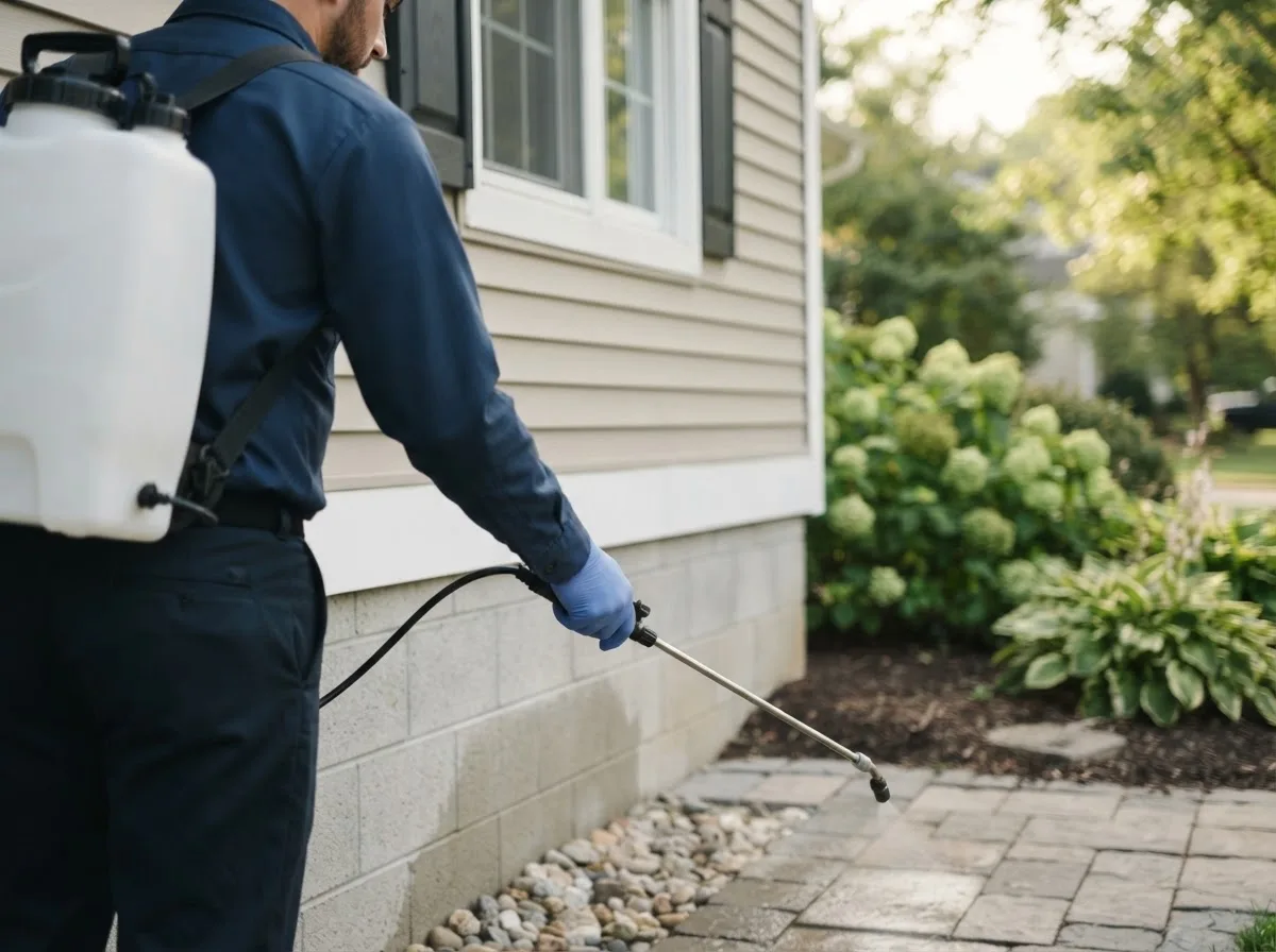 Pest control technician inspecting a home in Center Moriches, NY